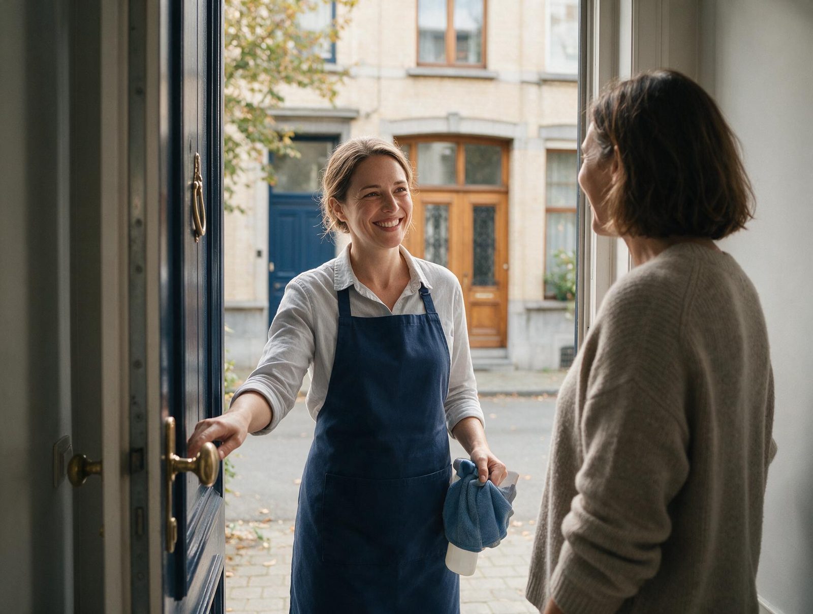 Une aide-ménagère Maison'Net accueillie chaleureusement par une cliente sur le pas de la porte