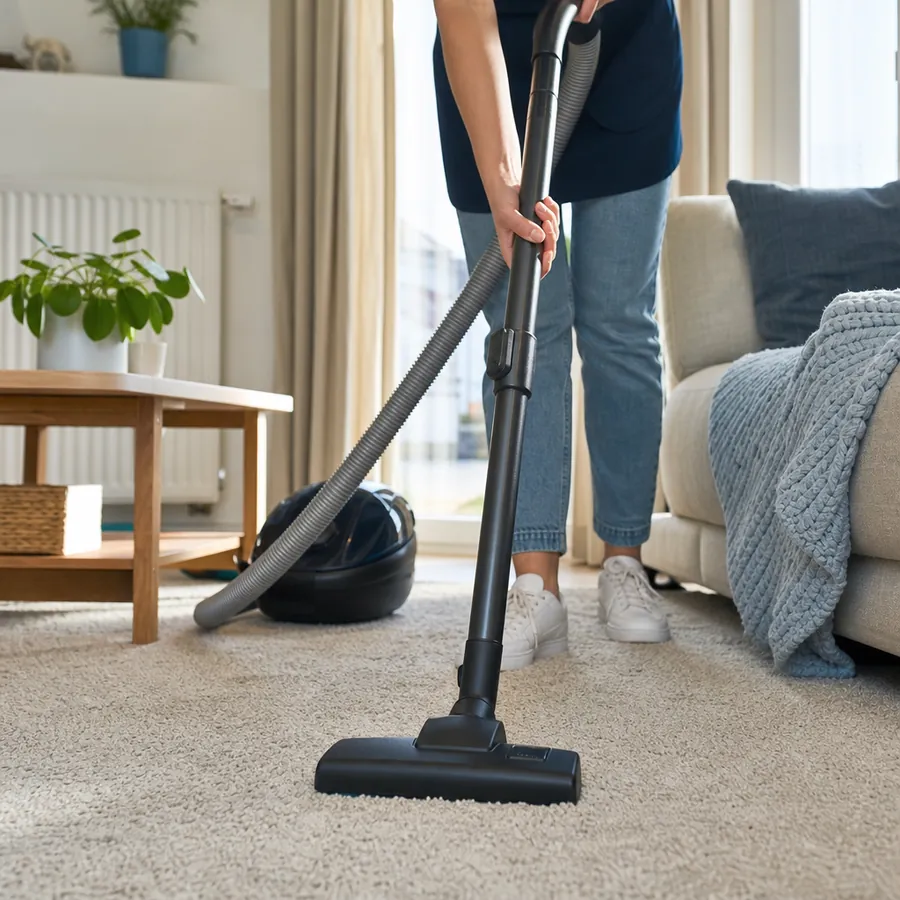Aide-ménager(e) Maison'Net passant l'aspirateur avec soin