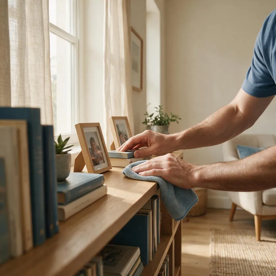 Aide-ménager(e) Maison'Net dépoussiérant les étagères avec soin