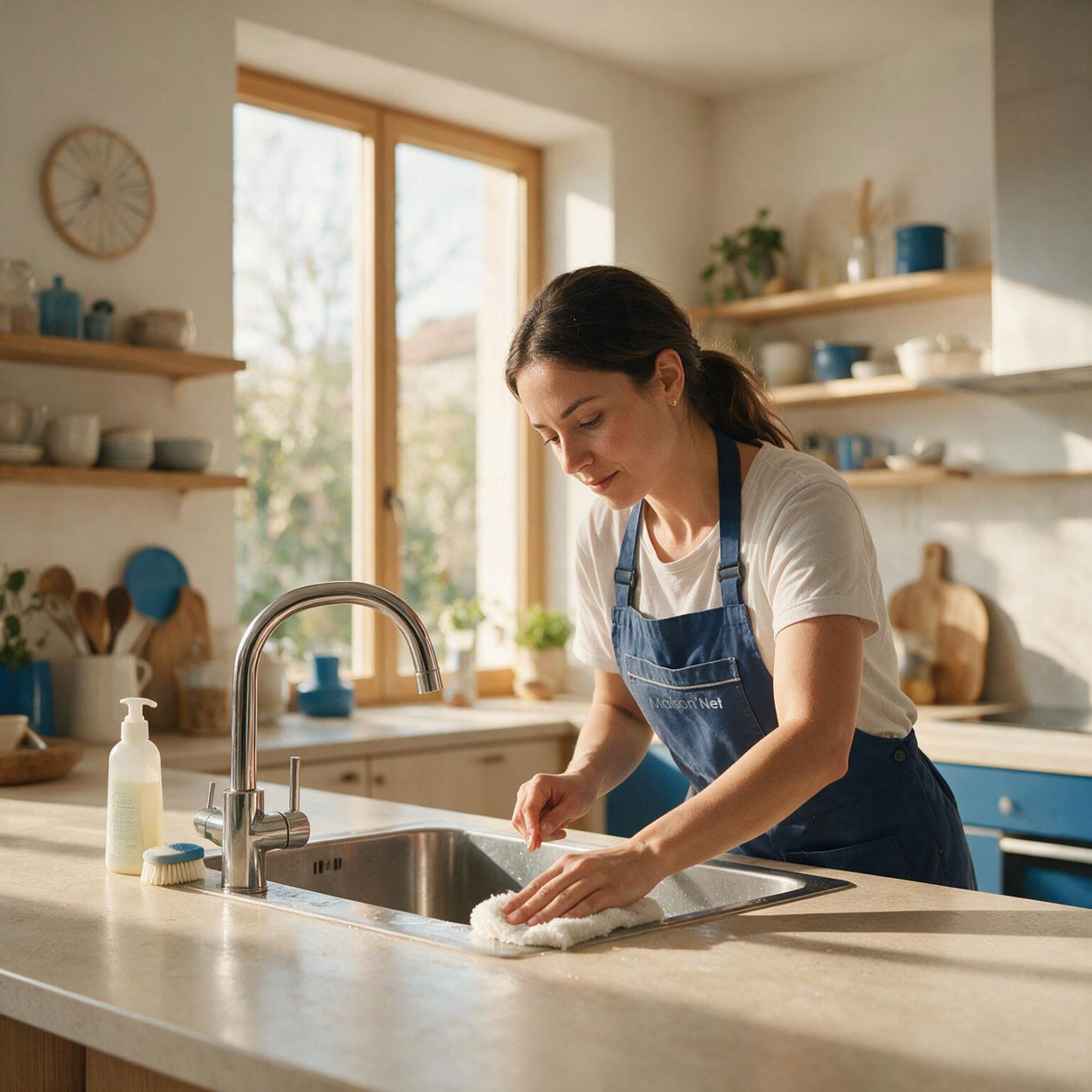 Aide-ménager(e) Maison'Net nettoyant la cuisine avec soin