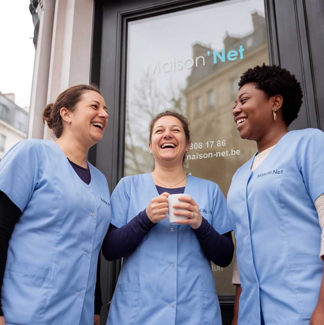 Équipe Maison'Net souriante devant l'agence de Bruxelles