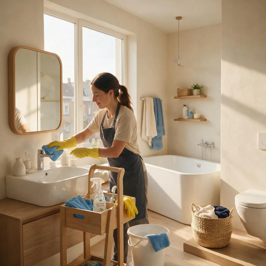 Aide-ménager(e) Maison'Net nettoyant la salle de bain avec soin