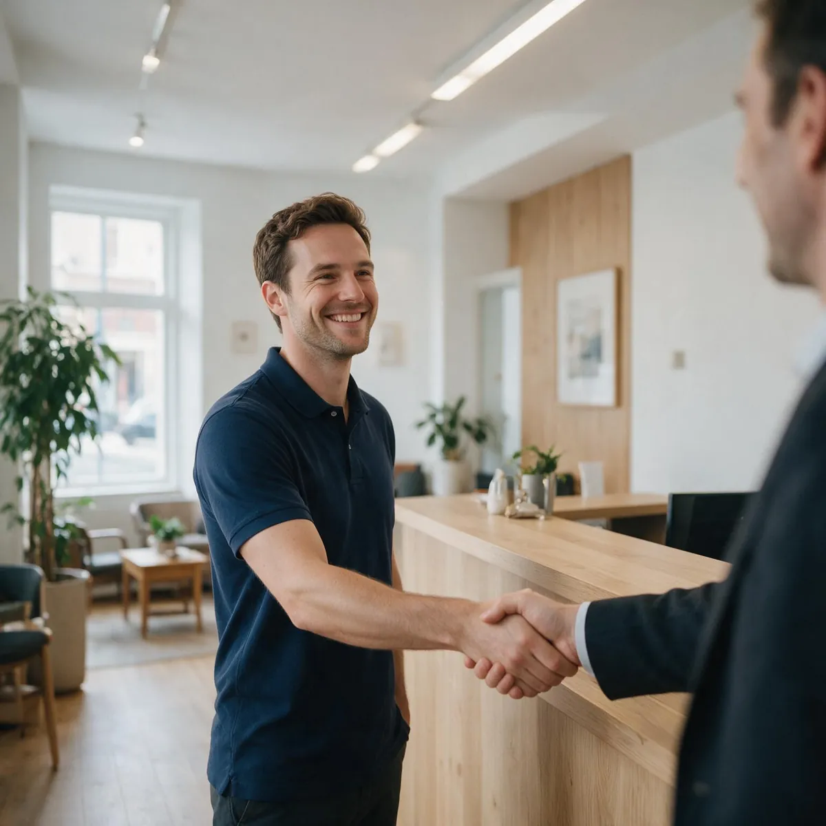 Consultant d'agence Maison'Net accueillant un client
